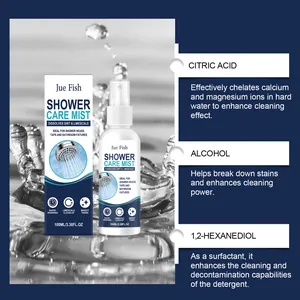 Ingredient detail of Jue Fish shower spray showing citric acid and alcohol benefits.