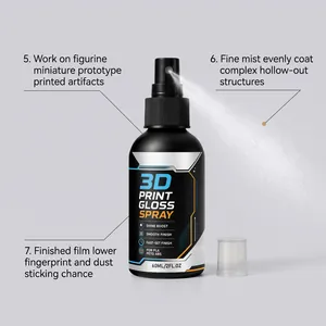 Nahaufnahme einer 3D-Druck-Glanzsprayflasche mit feinem Sprühnebel und Funktionshinweisen