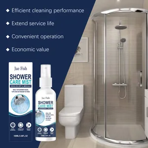 Detail showing Jue Fish shower care mist spray with packaging in a modern bathroom scene