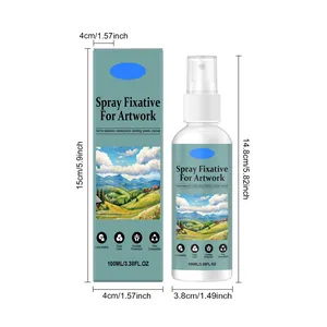 Detailed size specifications for 100ml artwork spray fixative bottle and packaging box