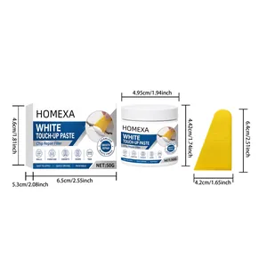 HOMEXA white touch-up paste kit showing detailed dimensions of filler jar, box and scraper