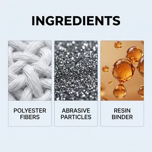 Detail showing polyester fibers, abrasive particles, and resin binder ingredients
