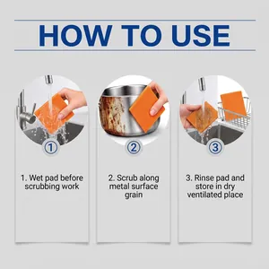 Three-step instruction guide for using the orange metal cleaning scrub pad for rust removal