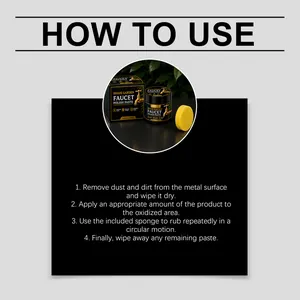 Step-by-step instructions for using brass faucet polish paste with cleaning sponge.