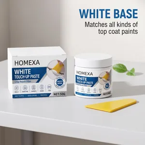Detailed view of HOMEXA white touch-up paste jar and yellow scraper for repairs
