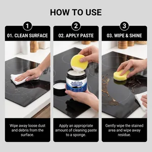 Close-up demonstration showing how to apply cleaning paste on a glass stovetop.