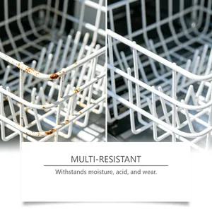 Before and after comparison of white dishwasher rack repair with rust-proof coating