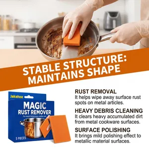 Detail view showing heavy debris cleaning sponge effectively removing rust from a metal pan