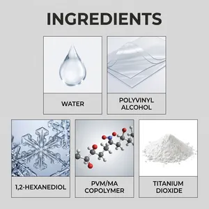 Detailed ingredient list showing water, polyvinyl alcohol, and titanium dioxide.