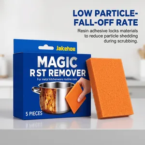 Detail view of Jakehoe rust remover sponge and blue box for metal kitchenware care