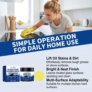 Action shot showing glass stove cleaner paste removing tough kitchen grease