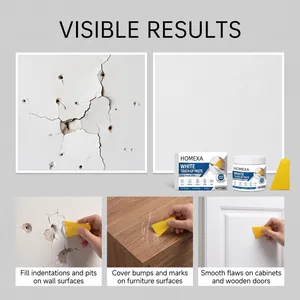 Detail showing HOMEXA white touch-up paste application on walls and wooden furniture
