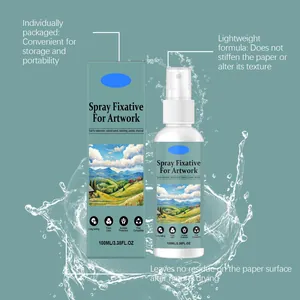 Detail view of 100ml artwork spray fixative with packaging and water splash effect