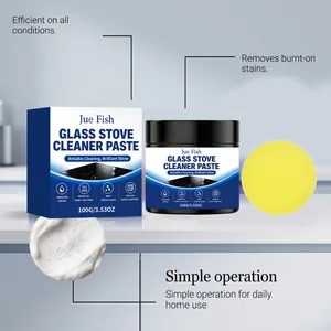 Detail view of Jue Fish glass stove cleaner paste with sponge and texture close-up
