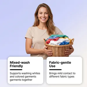 Detail showing mixed-wash benefits of laundry color catcher sheets with smiling model