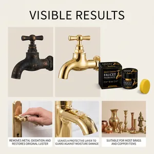 Metal polish paste before after comparison on brass faucet and copper household items