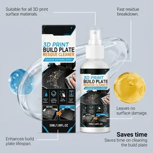 Detalle del spray limpiador de residuos de 50 ml para cama de impresora 3D y su caja