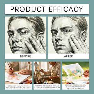 Detail showing artwork fixative spray efficacy on pencil sketches and watercolors.