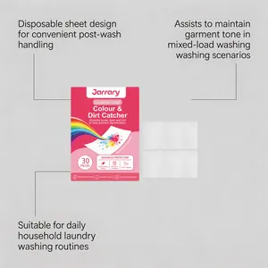 Features and details of Jarrary laundry color catcher sheets shown with detailed text callouts