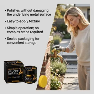 Woman applying metal polish paste to a brass outdoor faucet with a yellow sponge.