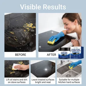 Before and after comparison of glass stove cleaner paste removing heavy oil stains