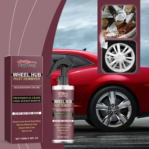 Effective wheel hub rust remover spray showing before and after results on a red car.
