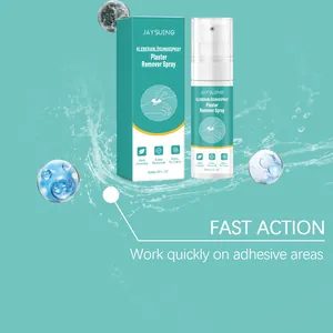 Detalle del spray eliminador de adhesivos Jaysuing sobre fondo verde azulado con agua.
