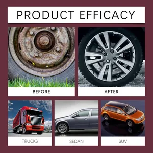 Before and after rust removal effect on wheels for trucks, sedans, and SUVs.