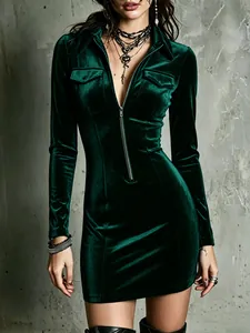 Sexy dark green velvet bodycon mini dress featuring a polo collar and front zipper closure
