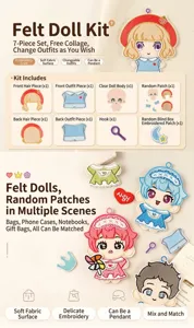 Detailed view of DIY 7-piece non-woven anime doll embroidery patch set with various clothes.