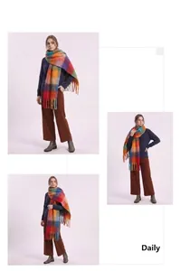Model wearing a colorful rainbow plaid imitation mohair scarf for winter outfit inspiration