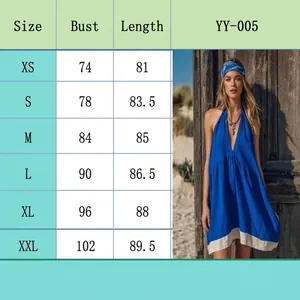 Tableau des tailles pour robe licou col en V bleu et blanc, mesures de XS à XXL.