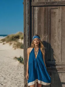 Robe bohème dos nu bleue avec col en V profond pour vacances à la plage en lin et coton bio
