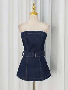 Dark blue slim fit denim tube top with matching belt for women autumn fashion style