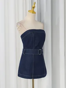 Stylish dark blue slim fit denim tube top with adjustable belt shown on a mannequin