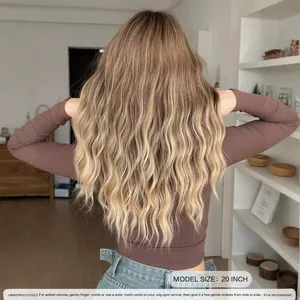 Long 20 inch wavy ombre brown wig for women with natural gradient and soft fluffy curls