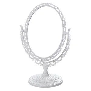 Vintage white European style tabletop vanity mirror with ornate oval carving frame