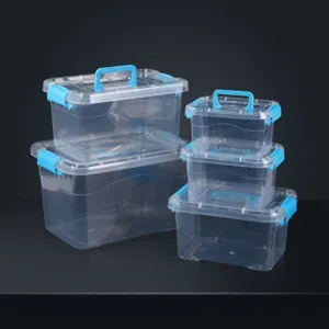 Cajas de almacenamiento de plástico transparente con asas y clips azules