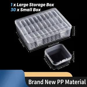 Organizador de plástico PP transparente con 30 cajas pequeñas y dimensiones detalladas