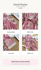Detalles del camisón de satén floral con puños de encaje y cinturón ajustable