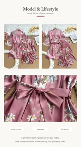 Conjunto de pijama de satén floral rosa de 3 piezas con bata, top y shorts.