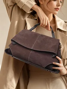 Women Retro Frosted Genuine Leather Handbag Contrast Stitching Large Capacity Shoulder Bag Suede Patchwork Commute Bag Adjustable Strap
