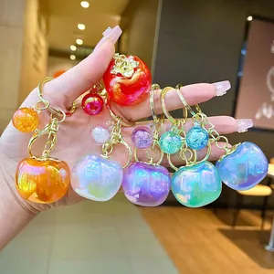 Iridescent Apple Shaped Keychain Acrylic Simulation Fruit Bag Charm Electroplated Metal Clasp Cute Lucky Gift For Women Girls