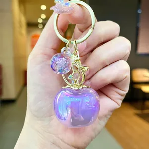 Exquisite purple iridescent apple keychain pendant with glitter for bags and keys