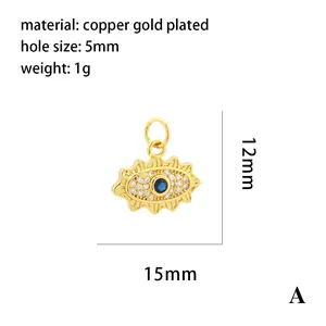 Colgante de ojo turco chapado en oro con dimensiones detalladas de 15 mm de ancho y 12 mm