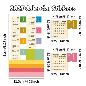 Vista detallada de pegatinas de calendario 2027 con medidas y diseño precisos.