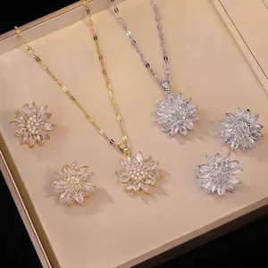 Fashion Sunflower Titanium Steel Zirconia Jewelry Set For Women Elegant Gold Silver Plated Floral Pendant Necklace Stud Earrings Daily Party Accessory