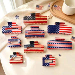 Onafhankelijkheidsdag Amerikaanse Vlag Haarklem Vierkant Rechthoekig PVC Haarklem Voor Vrouwen 4 Juli Stars Stripes Patroon Rood Wit Blauw Mode Haaraccessoires