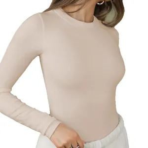 Classic slim fit beige ribbed knit long-sleeve T-shirt featuring a crew neck for women