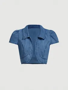 Bolerino corto in denim blu da donna con maniche a sbuffo corte e collo a revers